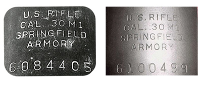 Two M1 Garand 'U.S. Rifle Cal .30 M1 Springfield Armory' receivers side-by-side view showing stamping and serial numbers