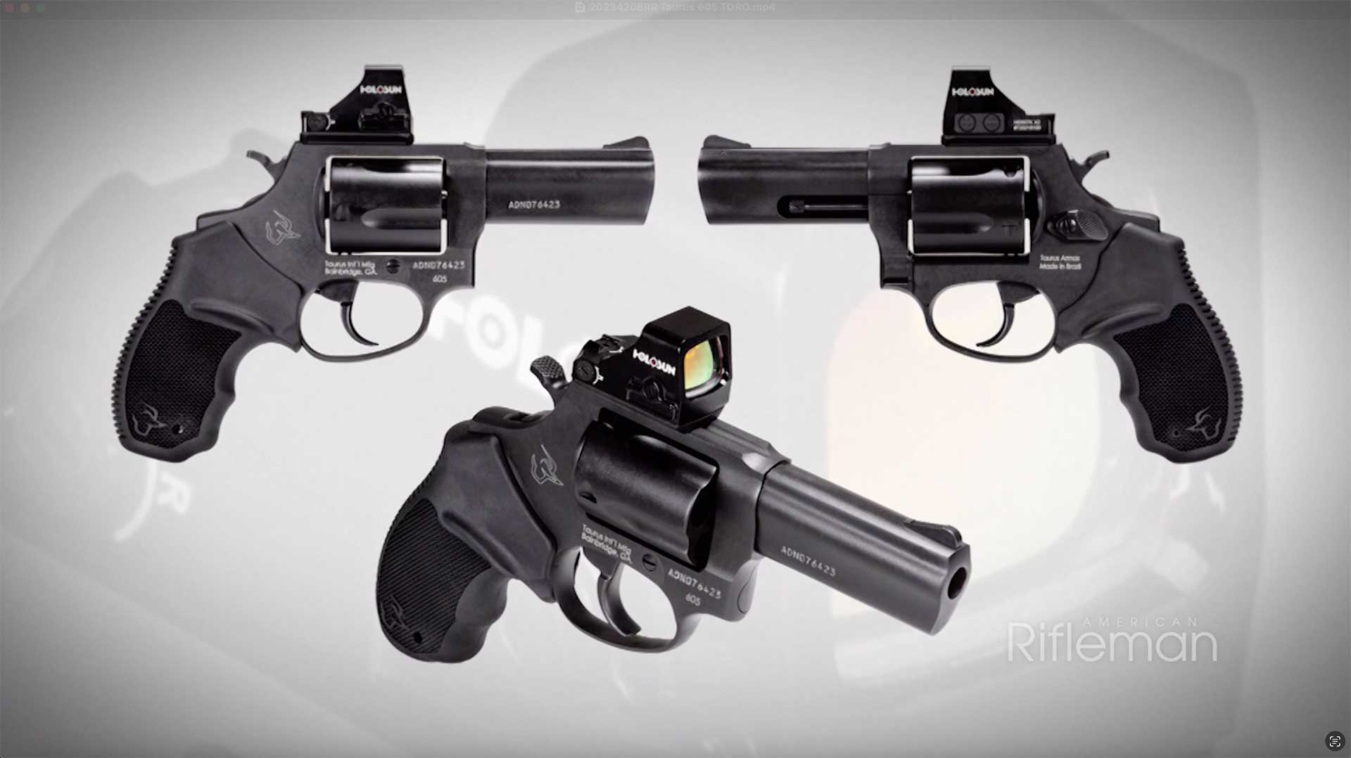 Image collage showing the right, left and top sides of the Taurus 605 T.O.R.O. revolver with a mounted optic.