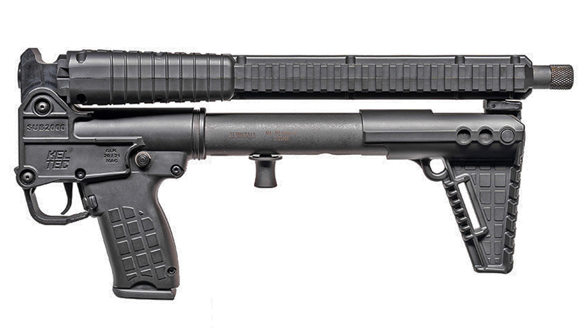 A KelTec SUB2000 10 mm Auto carbine in its folded configuration.