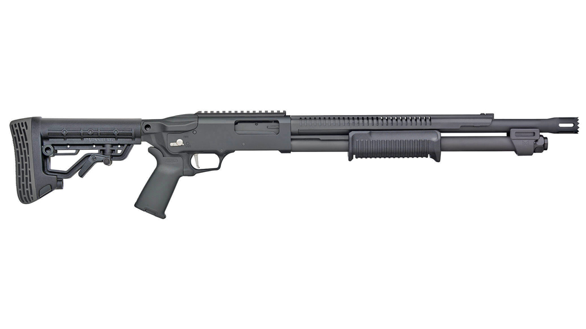 New For 2025: Mossberg 590 rotary safety shotgun right-side view on white.