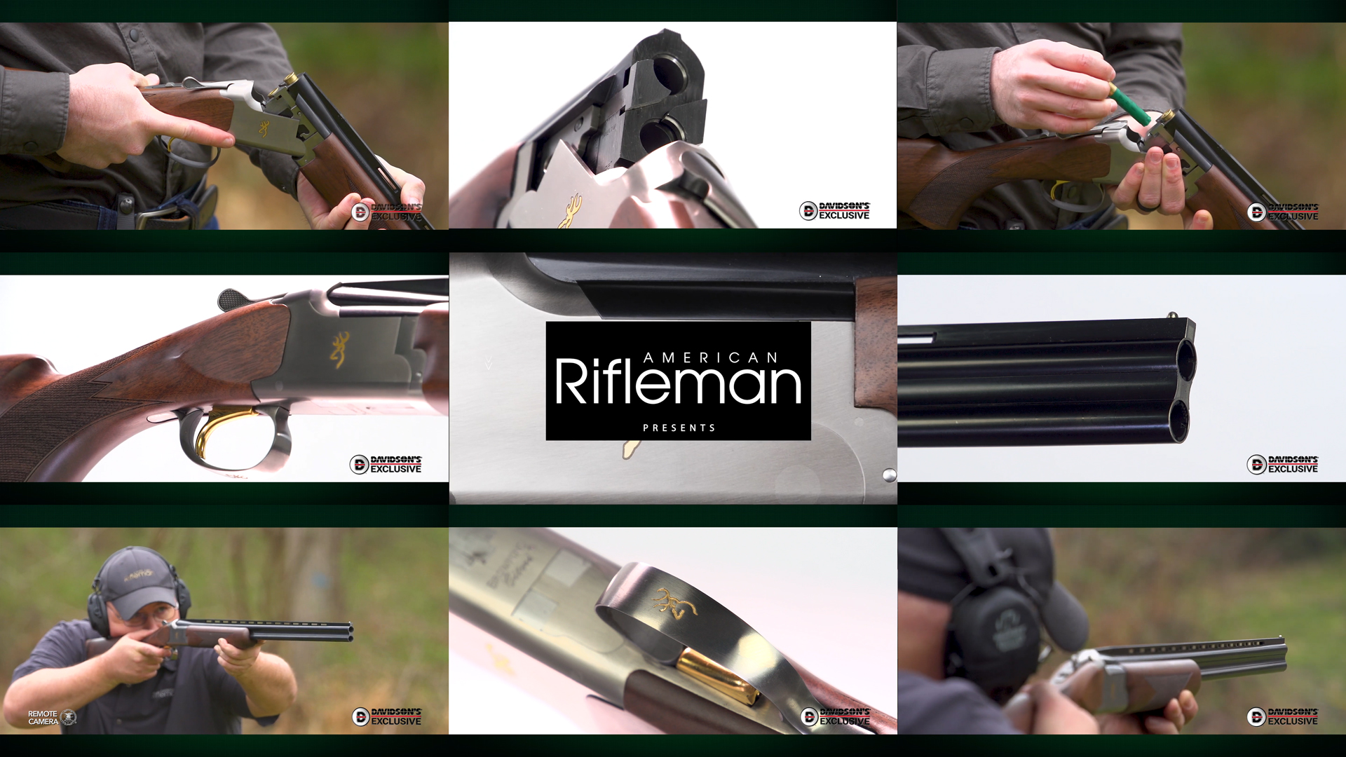 AMERICAN RIFLEMAN PRESENTS text on image GUN OF THE WEEK Browning Citori White Satin Exclusive offering from GalleryofGuns.com tiles arrangement nine images gun shotgun men shooting outdoors