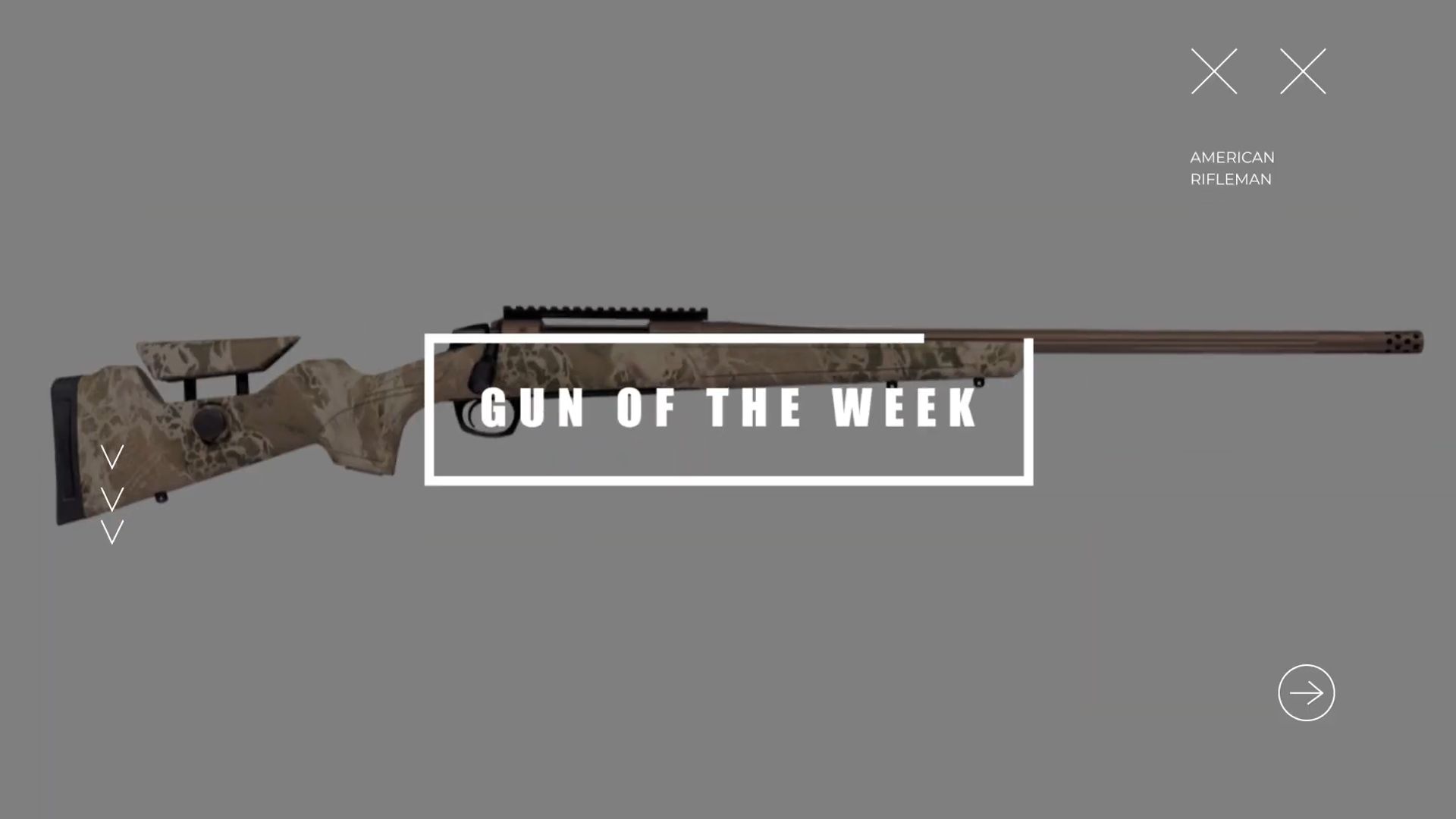 CVA Cascade LRH bolt-action camouflage rifle right side behind text box for AMERICAN RIFLEMAN GUN OF THE WEEK