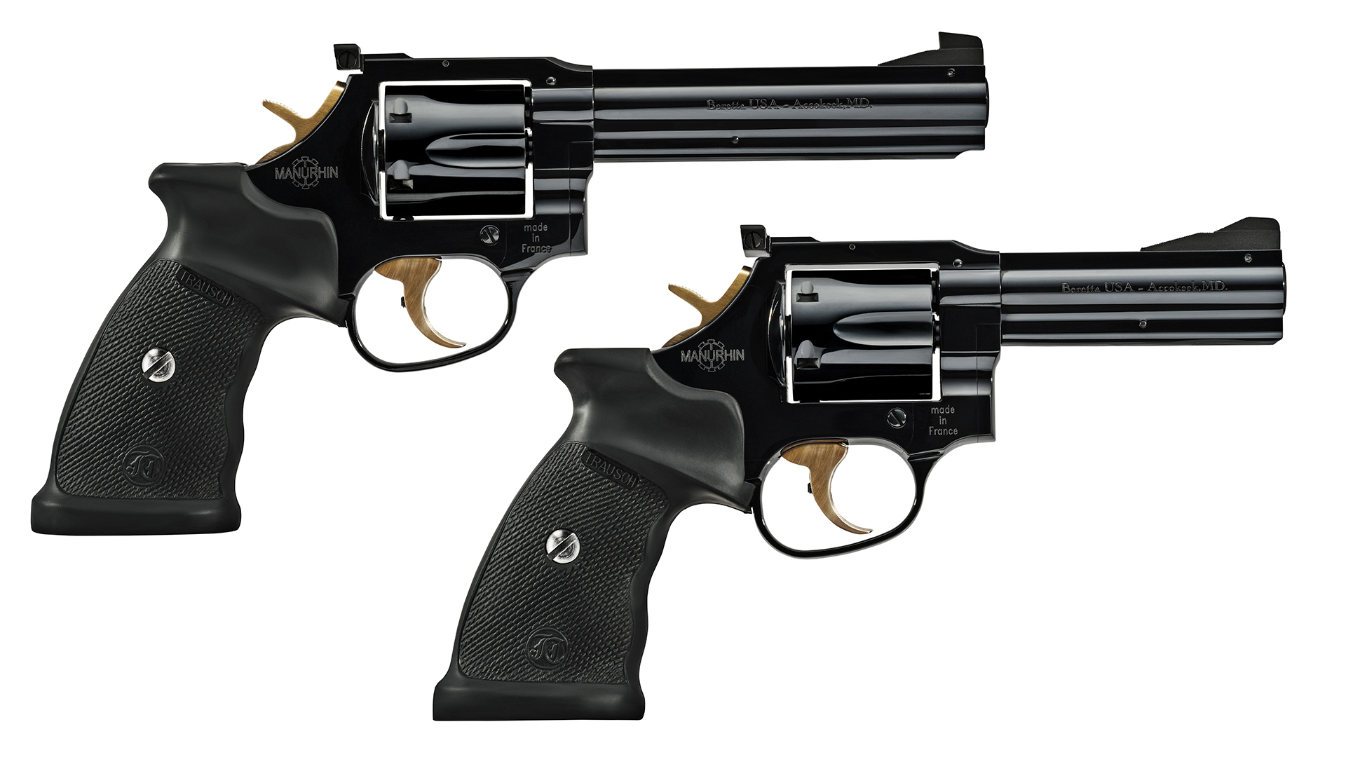 Side-by-side comparison of two beretta mr73 revolvers right-side view