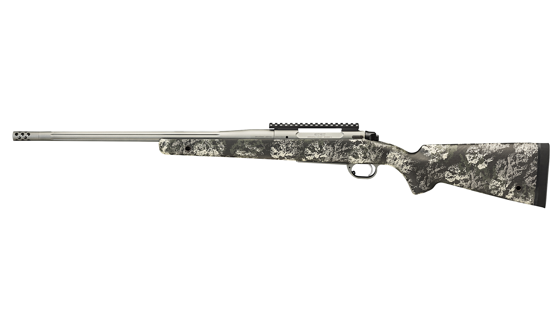 Left side of the Springfield Armory Model 2020 Boundary, shown with a camouflage-finished stock.