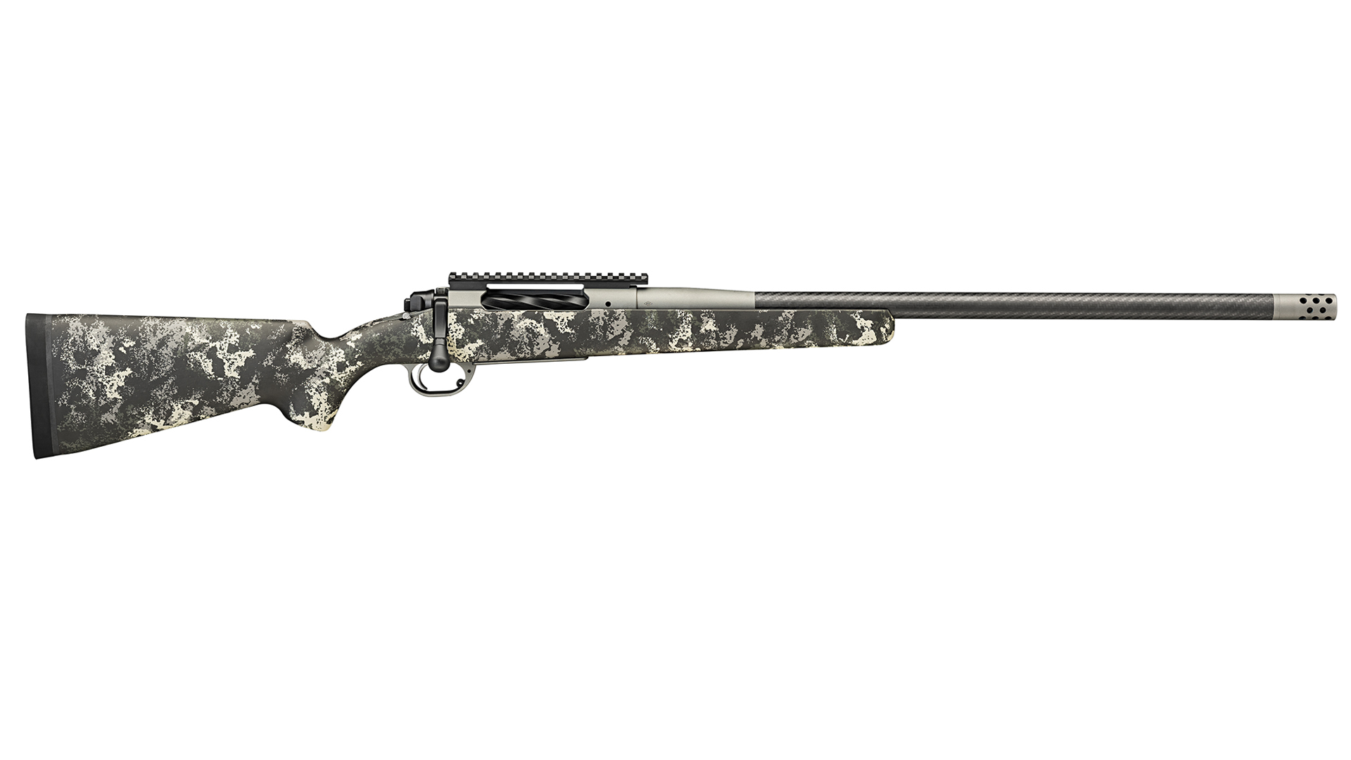 Right side of the Springfield Armory model 2020 Boundary rifle with a camouflage stock.