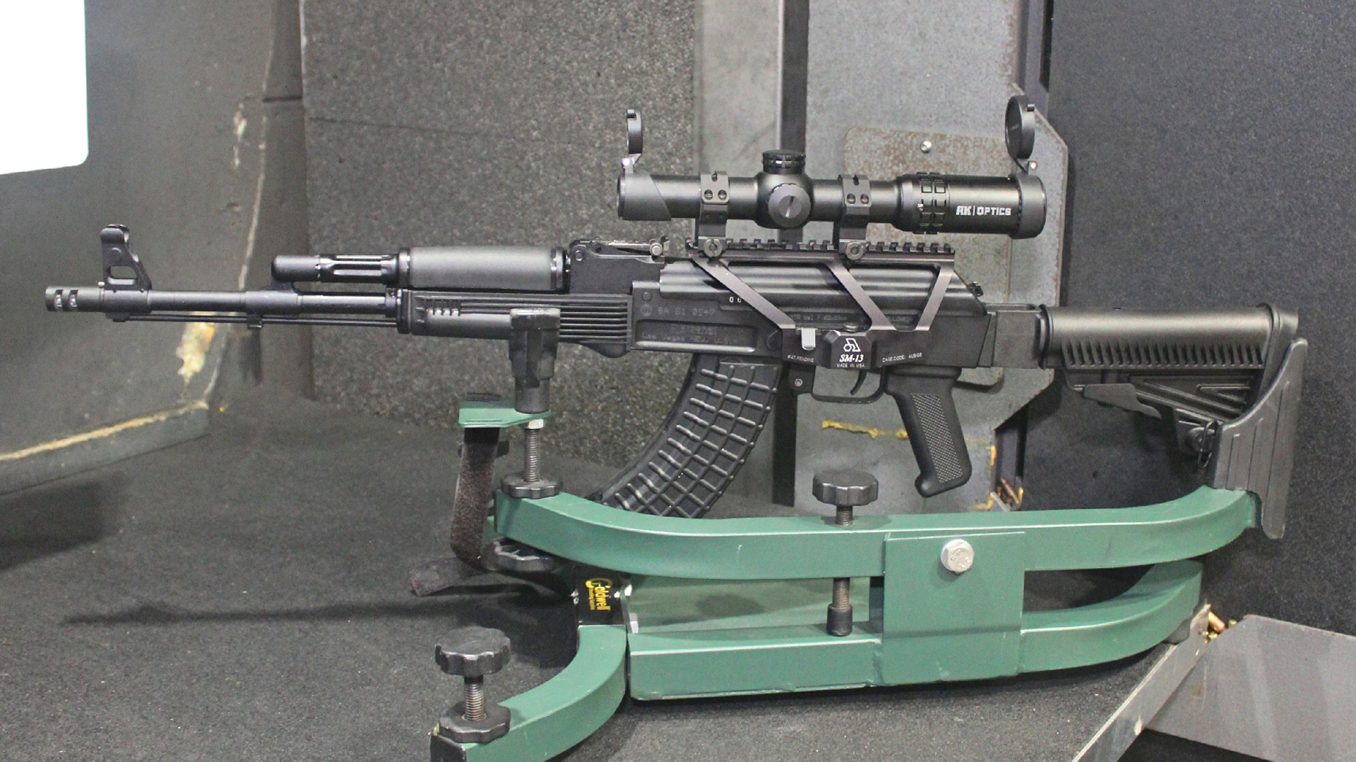 Arsenal Inc. SAM7R-67T rifle carbine left-side view on shooting bench in a cradle rest indoors