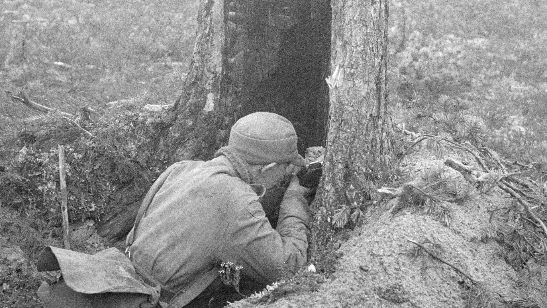 Finnish field-craft:  A sniper at work in a hollowed out tree stump.  Photo courtesy of Finnish Wartime Photographic Archive, SA-kuva.