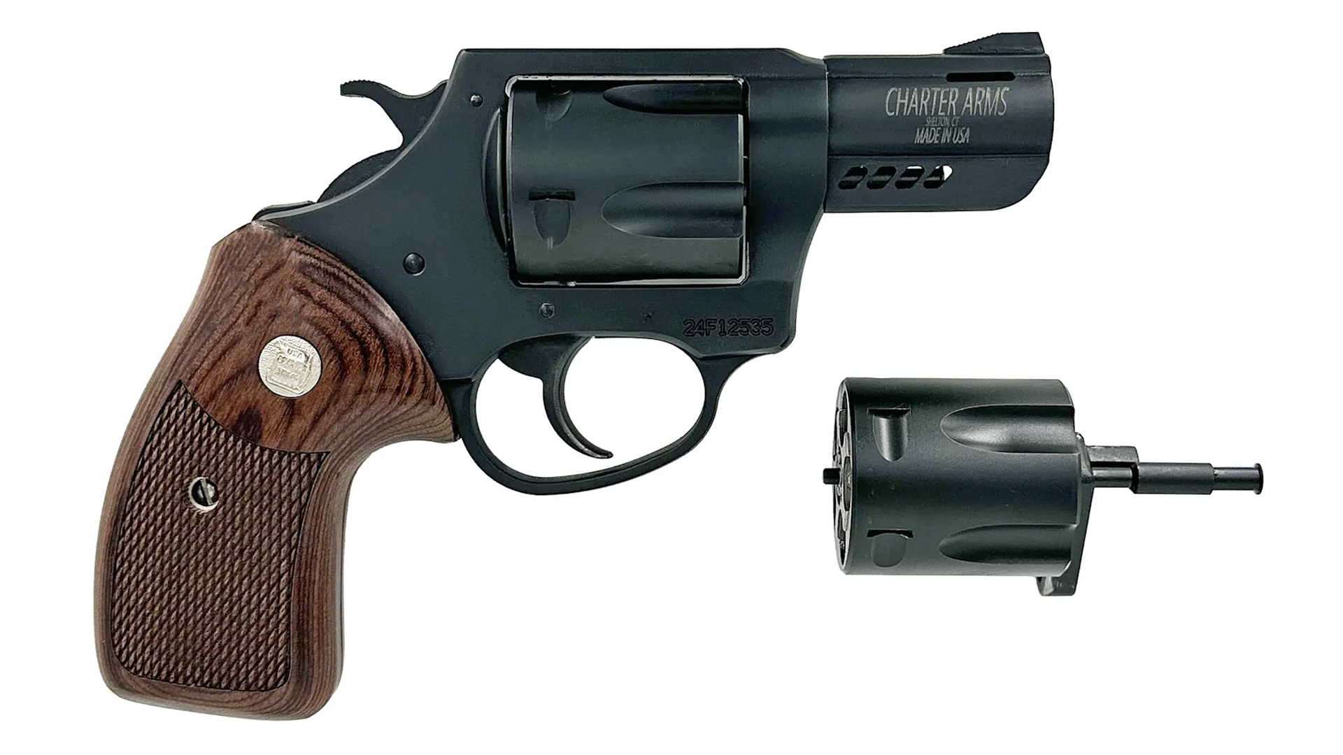 Right side of the black Charter Arms Double Dog revolver, complete with textured wood grips.