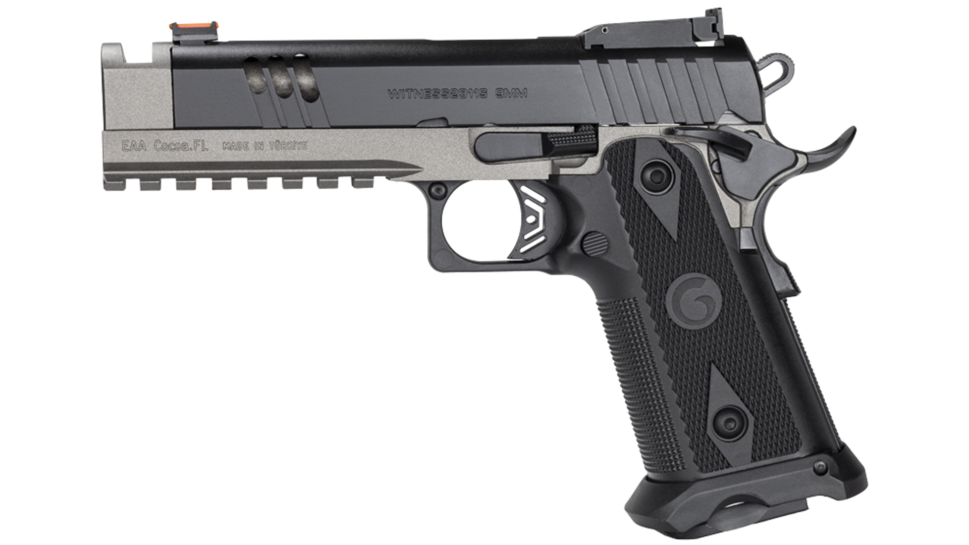 EAA Girsan Witness 2311 MatchX left-side view two-tone pistol silver frame black slide grip muzzle ports