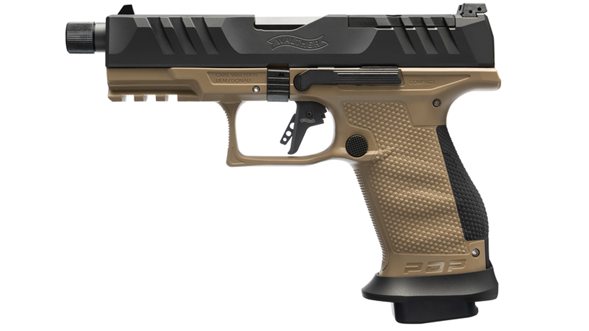 Walther PDP Pro SD Compact pistol handgun left-side view 9 mm gun black and tan two-tone