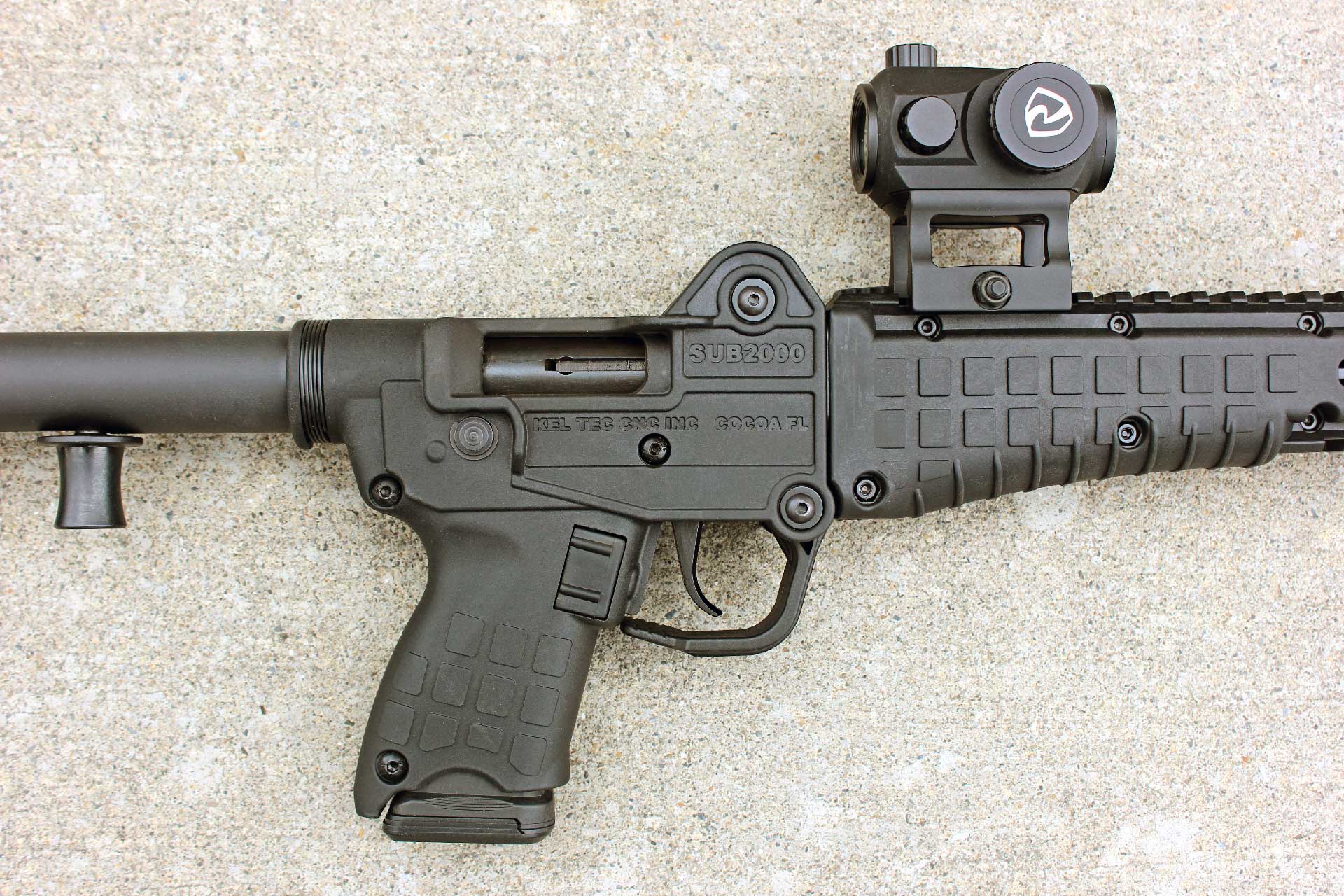 Right side of the KelTec SUB2000 GEN3 receiver, with a mounted red-dot optic.