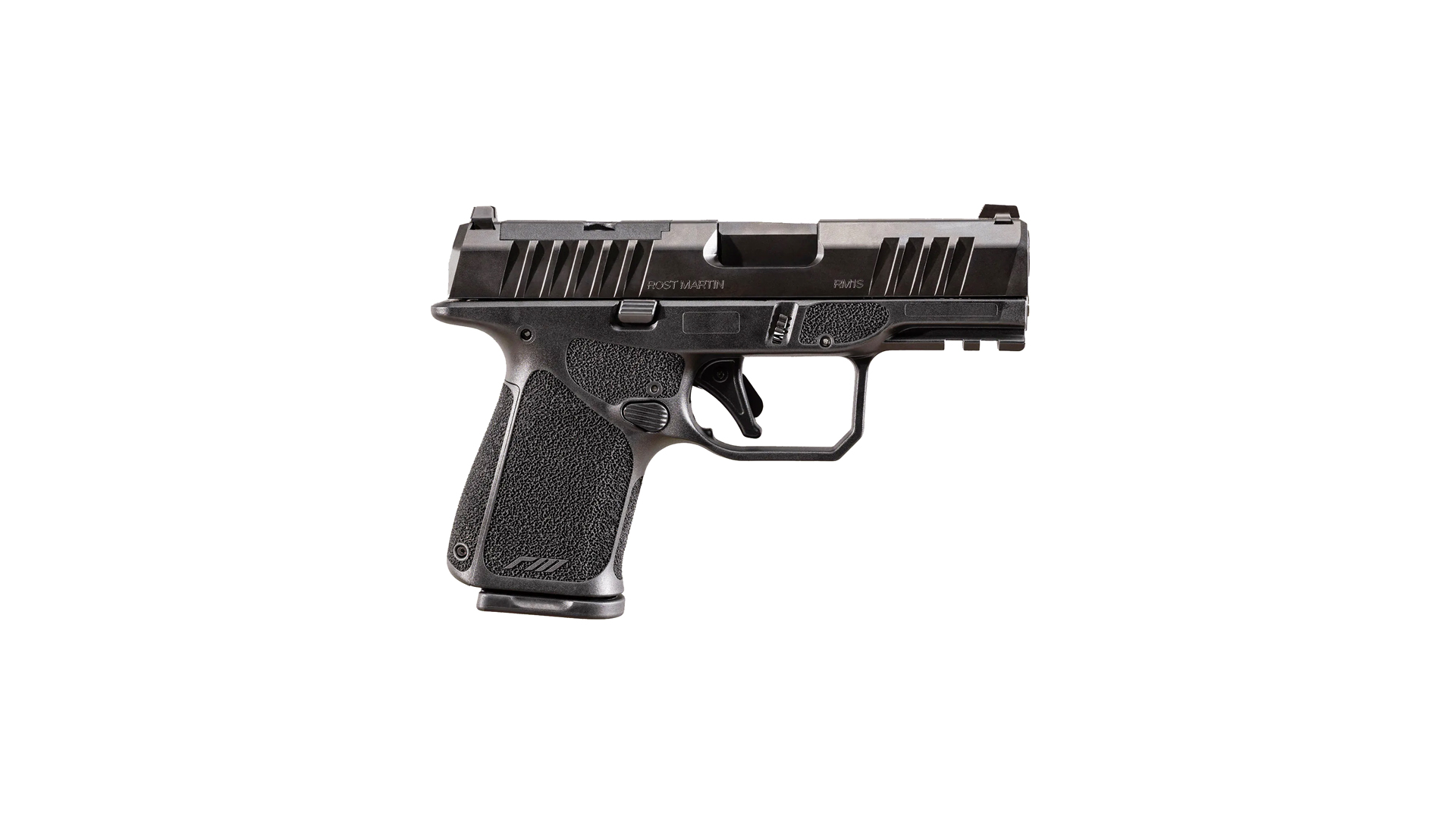 Rost Martin RM1S 9 mm pistol right-side view black polymer grip serrated slide with tenifer finish