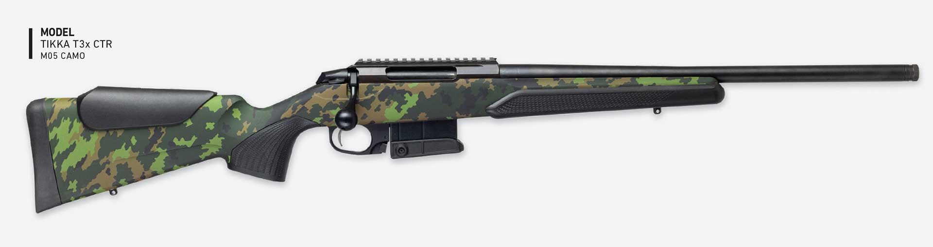 Right side of the camouflage-finished Tikka T3x CTR M05 bolt-action rifle.