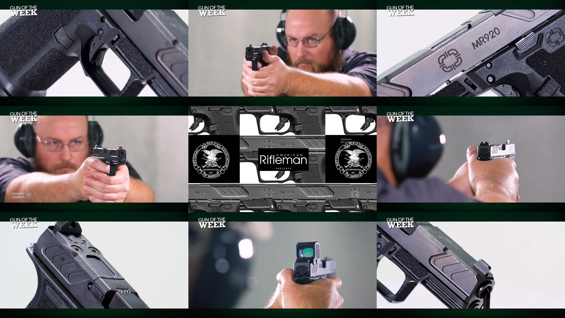 GUN OF THE WEEK AMERICAN RIFLEMAN text overlay mosaic tiles arrangement nine images man shooting gun detail closeup parts Shadow Systems MR920 pistol 9 mm