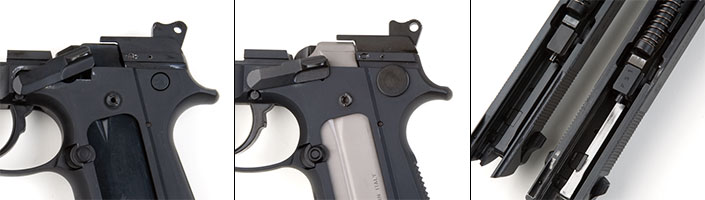 A trio of images showing the interior mechanisms of the Beretta M9.