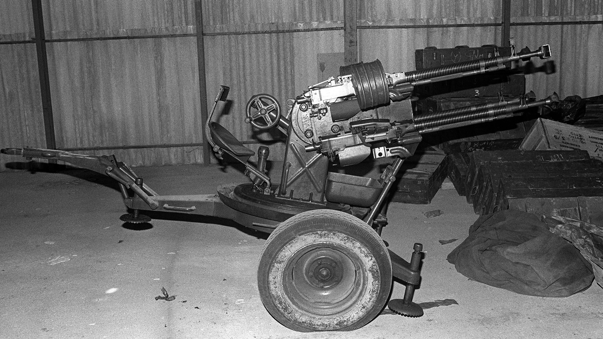 The Czech Vz. 53 (also called M53 by NATO) coupled four DShK MGs on a light chassis for a mobile, low-altitude AA system.  Many of these were used by Cuba, Egypt, Syria, Iran and Angola.  This example was captured by US forces during the invasion of Grenada during October 1983—where a Vz. 53 is thought to have shot down a UH-60 Blackhawk.  NARA