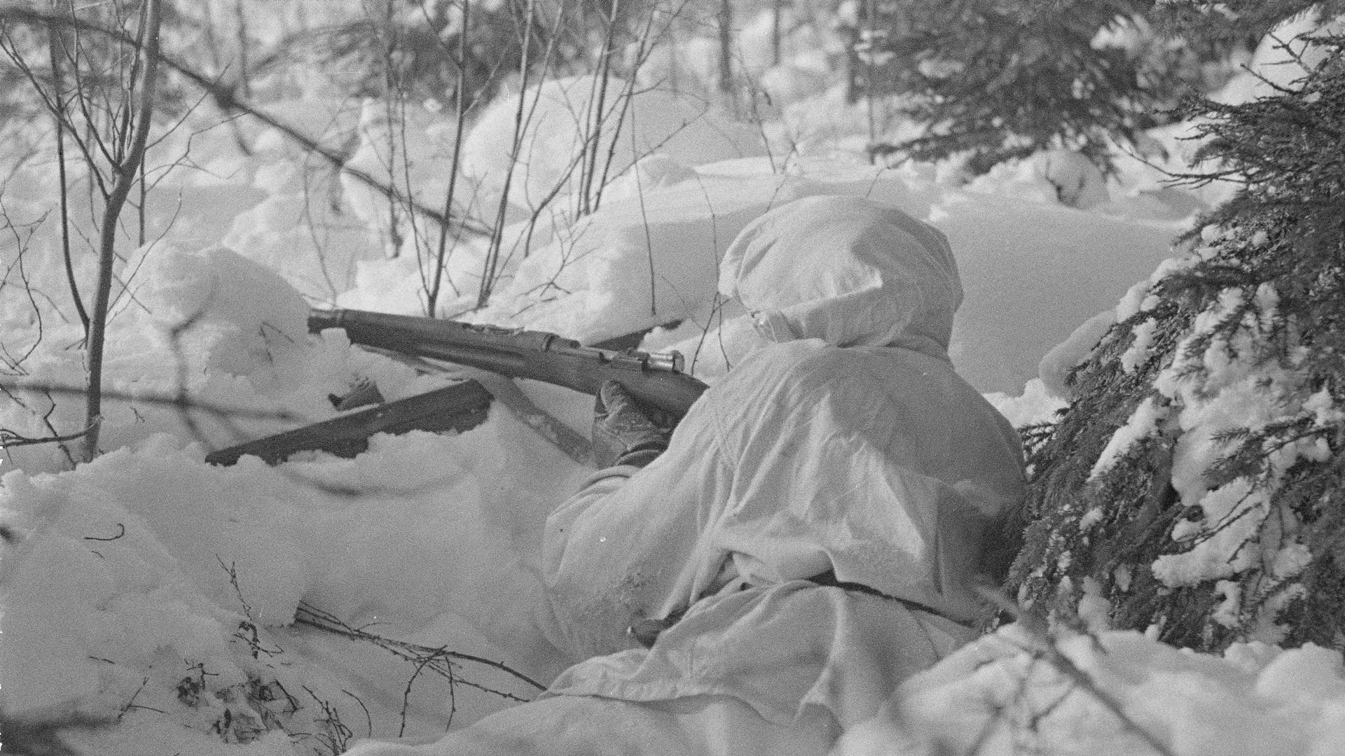 Sniping in the Winter War, early 1940:  Finland’s culture of marksmanship and field craft gave them a man-for-man advantage in a defensive war in the frozen north.  Photo courtesy of Finnish Wartime Photographic Archive, SA-kuva.