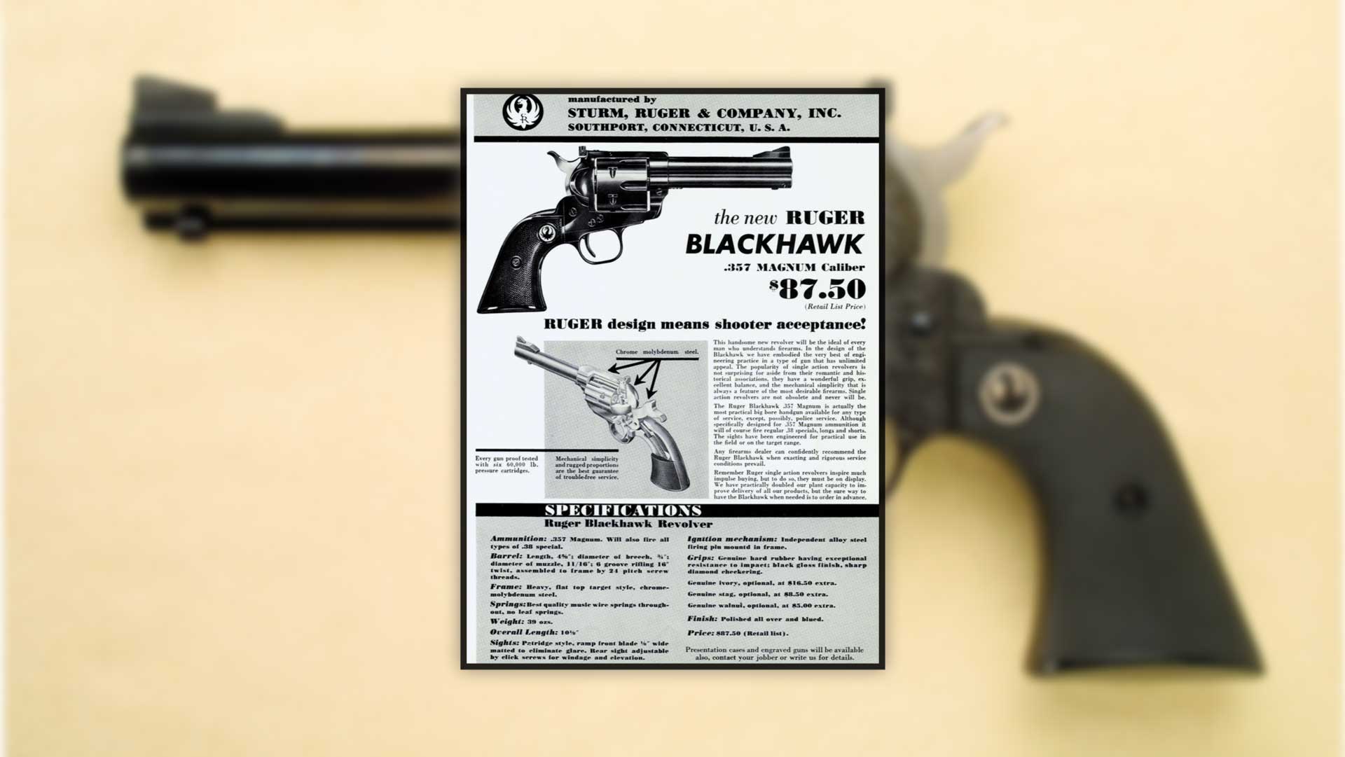Ruger catalog page overlay gun left-side revolver yellow background