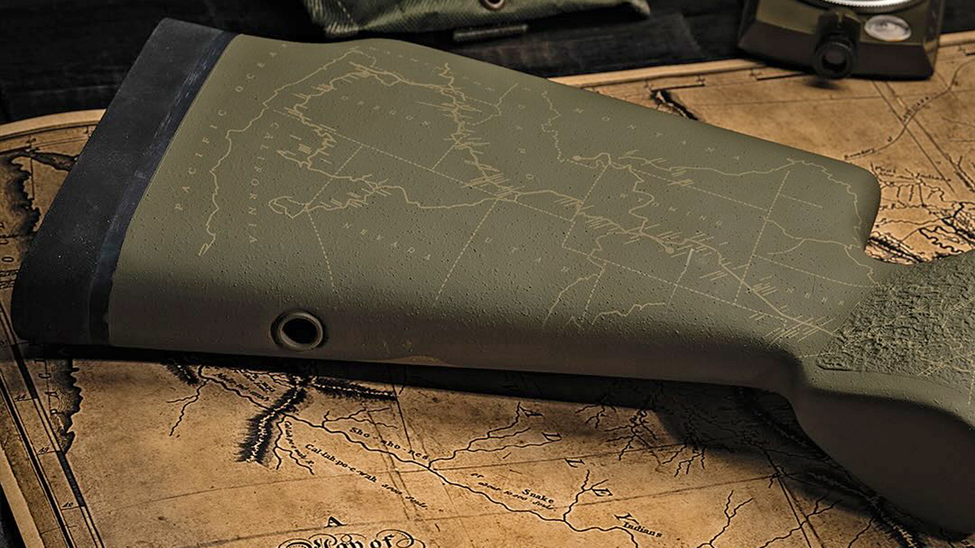 Map drawing on the Watchtower Bridger rifle's buttstock.