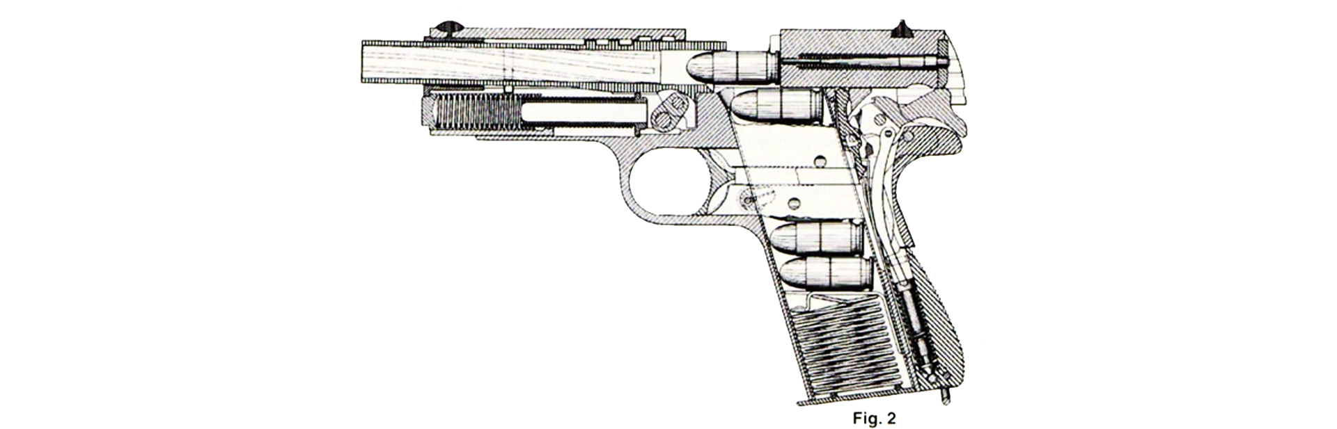 Left-side line drawing m1911 pistol x-ray view of cartridge chambering phase