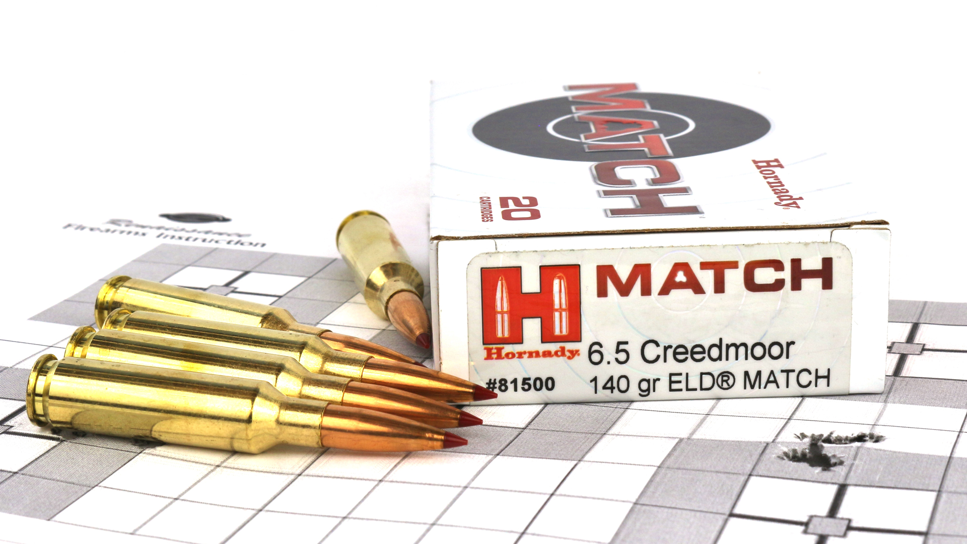 Hornady Match 6.5 Creedmoor ammunition box shown with brass cartridges left overlay on target