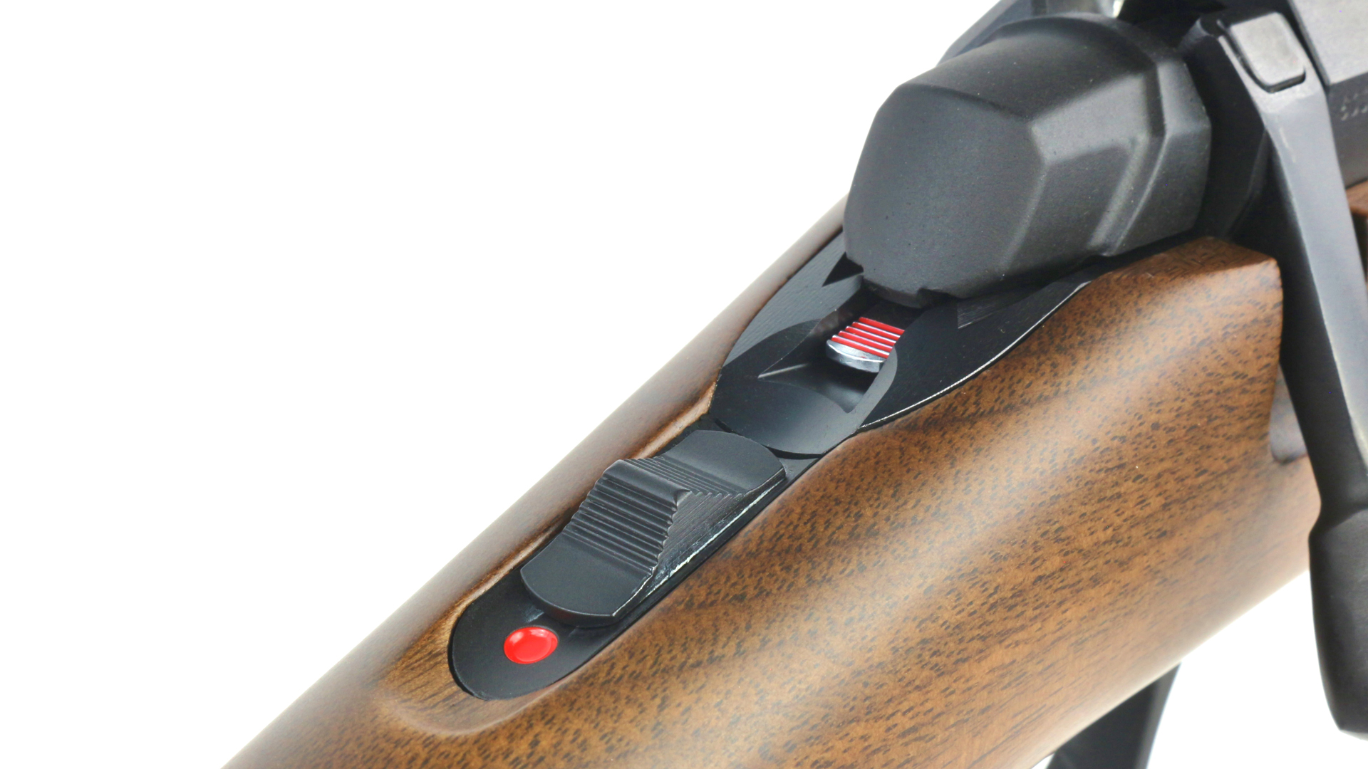 Browning X-Bolt 2 Hunter receiver rear safety selector bolt unlock button top right on bolt handle wood stock