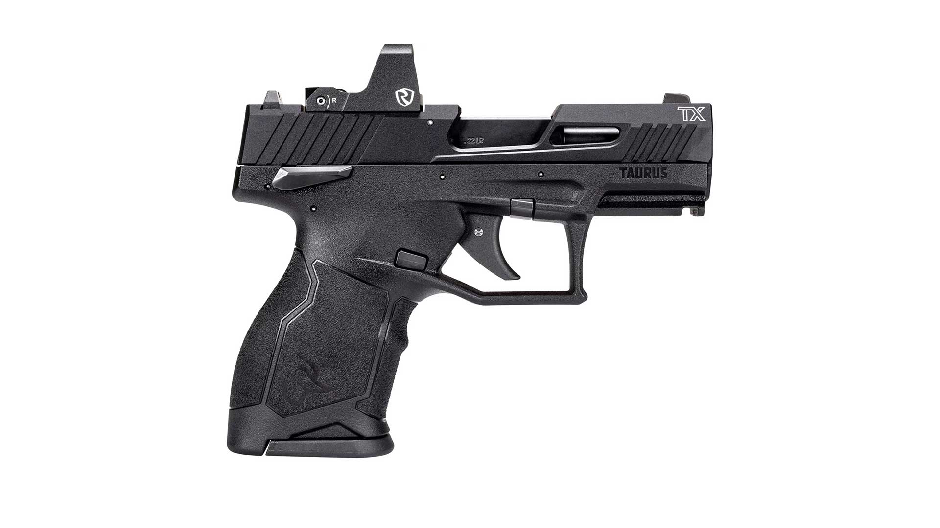Taurus TX22 Compact shown right side on white with a Riton Optics red-dot sight mounted.