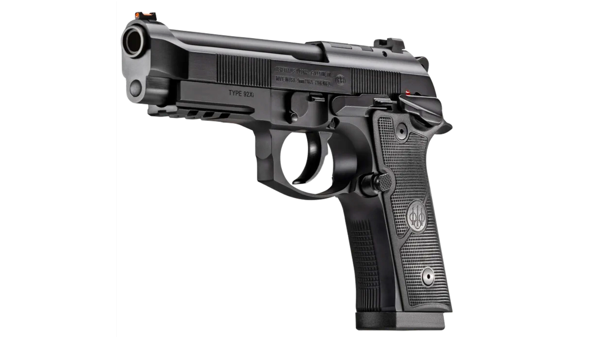Left-front shot of the Beretta 92GTS, showing the muzzle and left-side controls on a white background.