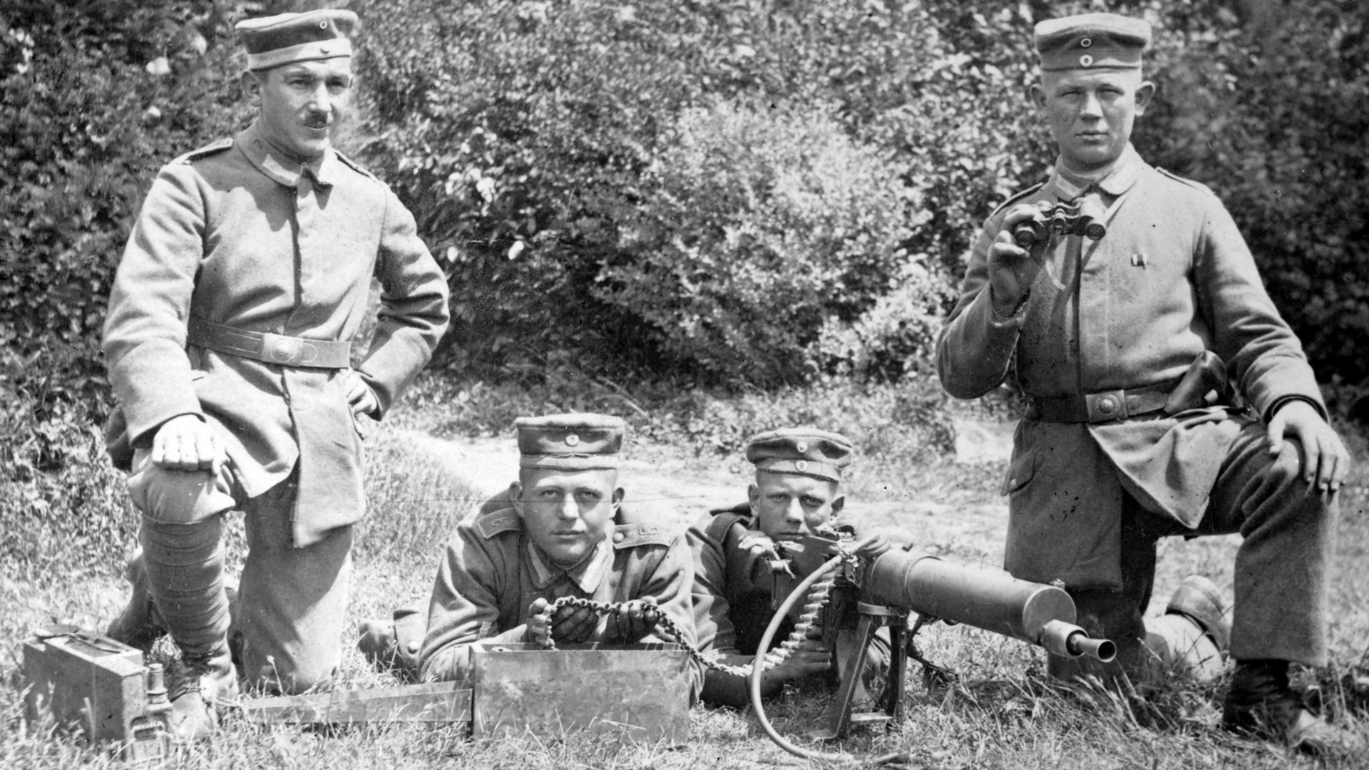 Portrait of a MG08/15 team in World War One.  The gun was a compromise that left much to be desired.  NARA