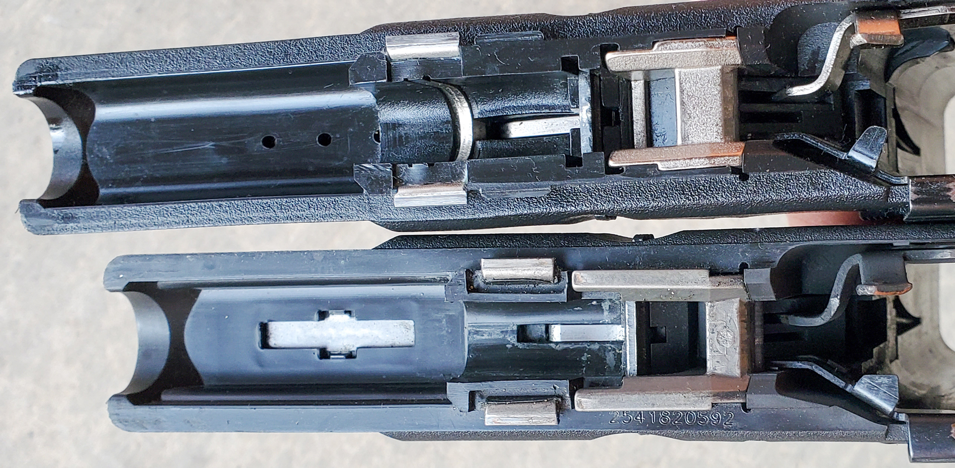 The two "legacy" photos are of pre-Gen5 Glock 17 and 19 frames side-by-side. Note the differences in the overall lengths as well as the differences in the locking blocks. A Gen3 G19 frame is on the bottom with a Gen2 17 frame above.