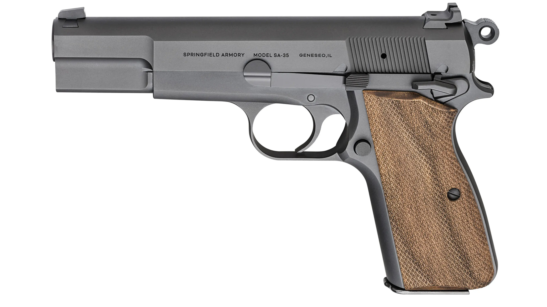 Springfield Armory SA-35 High Power pistol left-side view black handgun walnut grip stocks