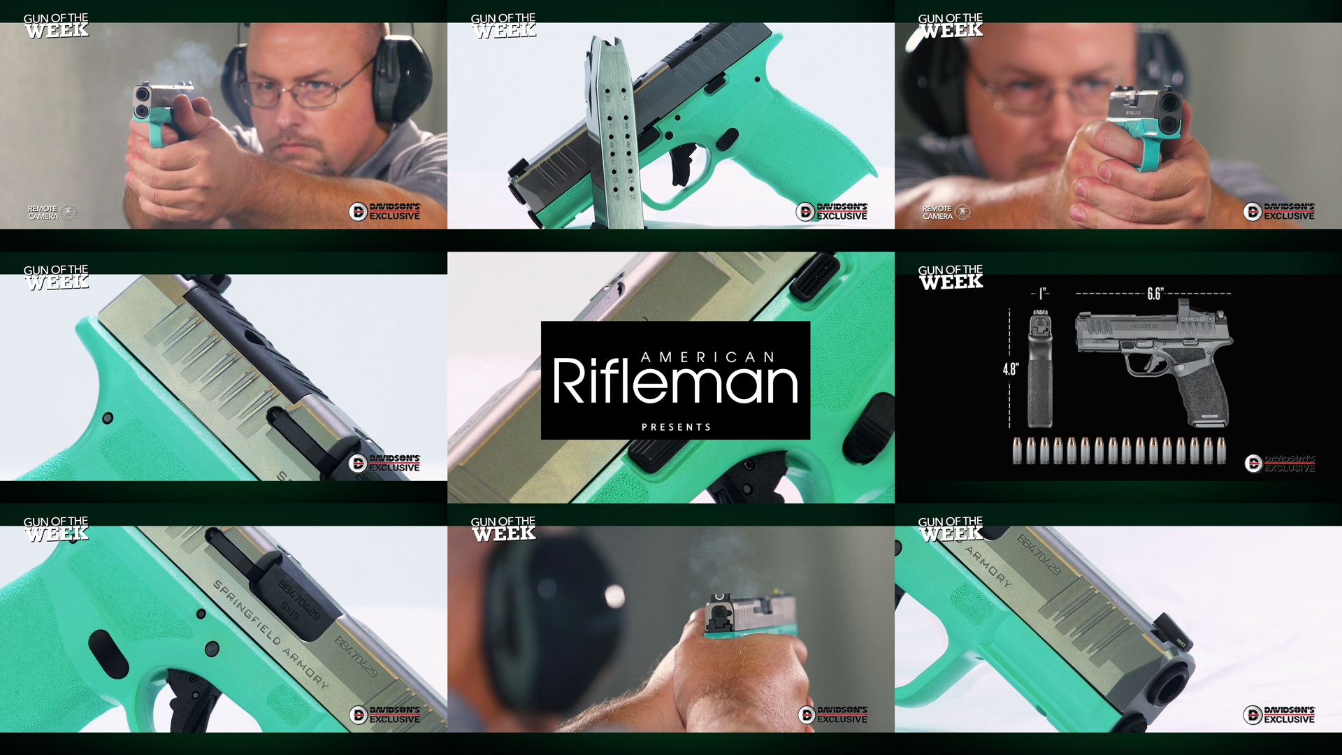 American Rifleman Gun Of The Week Springfield Armory Hellcat Pro OSP Robins Egg Davidson's Exclusive offering pistol handgun 9 mm optic ready gun images details closeups tiles mosaic 9 image arrangement man shooting