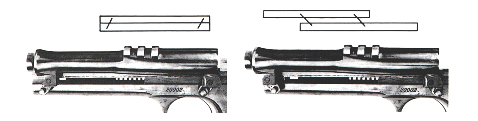 Browning may have gotten the idea for his recoil operating principle from the action of a parallel rule. The double links of the pistol act in the same way as the connecting links of the rule. As the barrel recoils, it drops out of engagement with the moving slide.