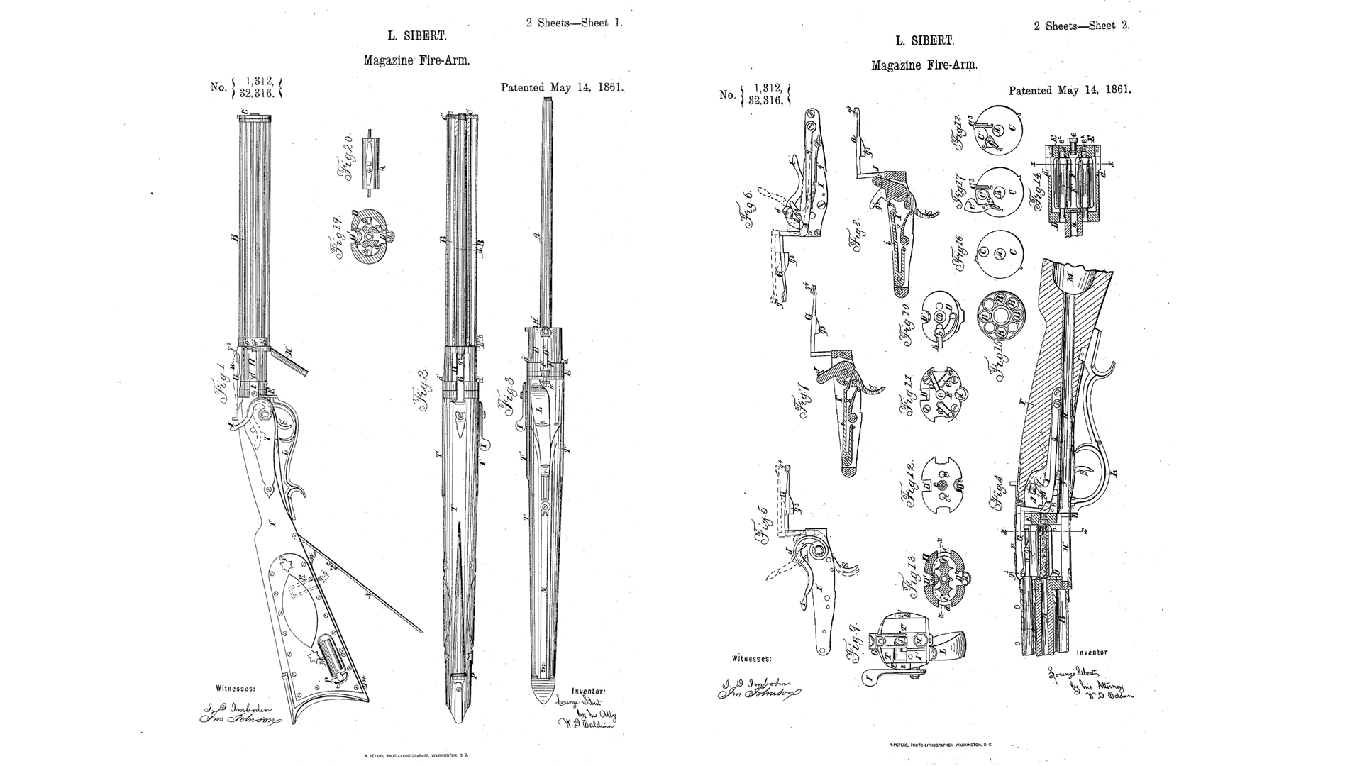 Patent drawing for Lorenzo Sibert of Staunton Virginia 48-shot repeating rifle Viriginia Pacificator