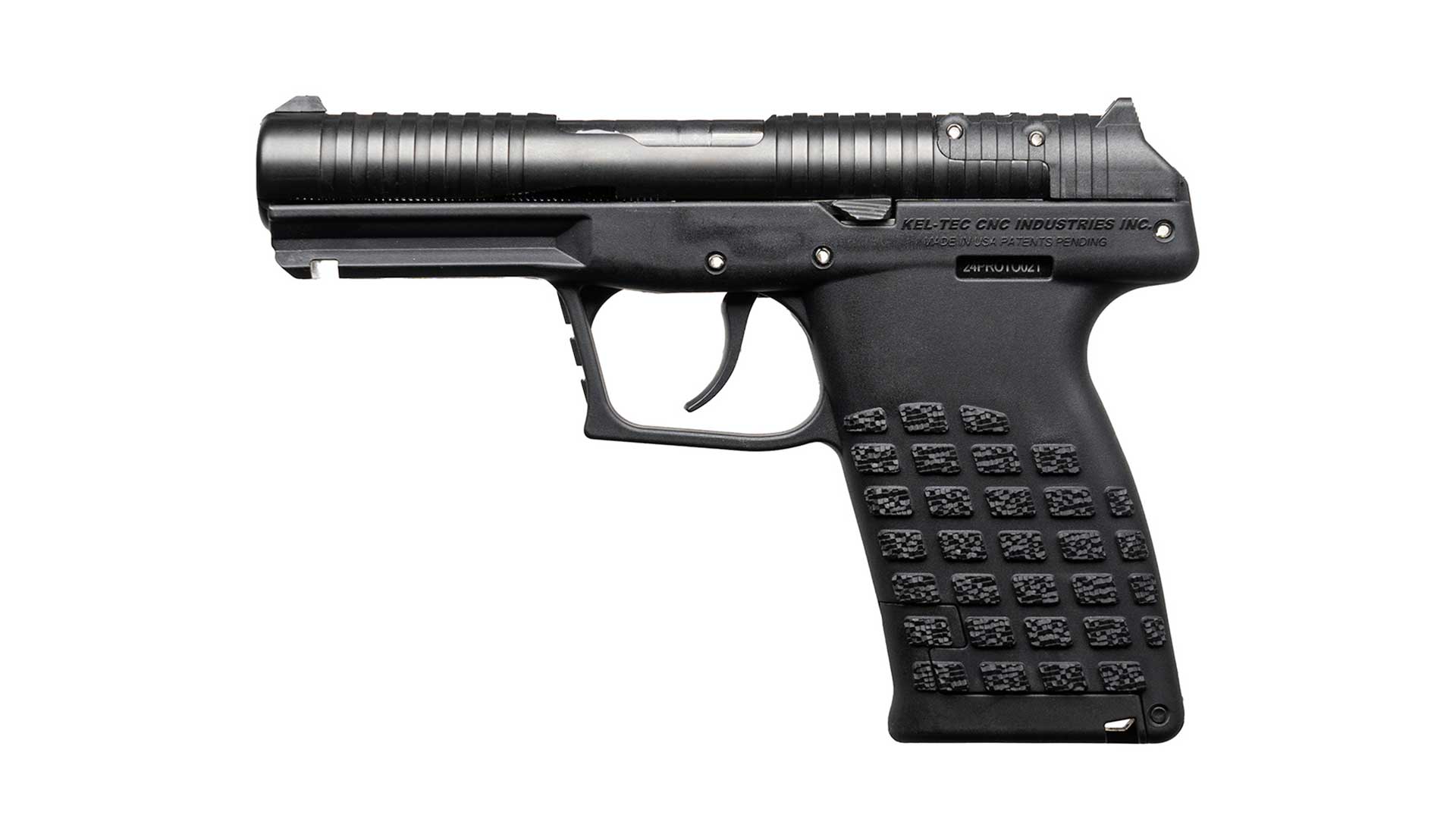KelTec PR57 black gun pistol left-side view on white background