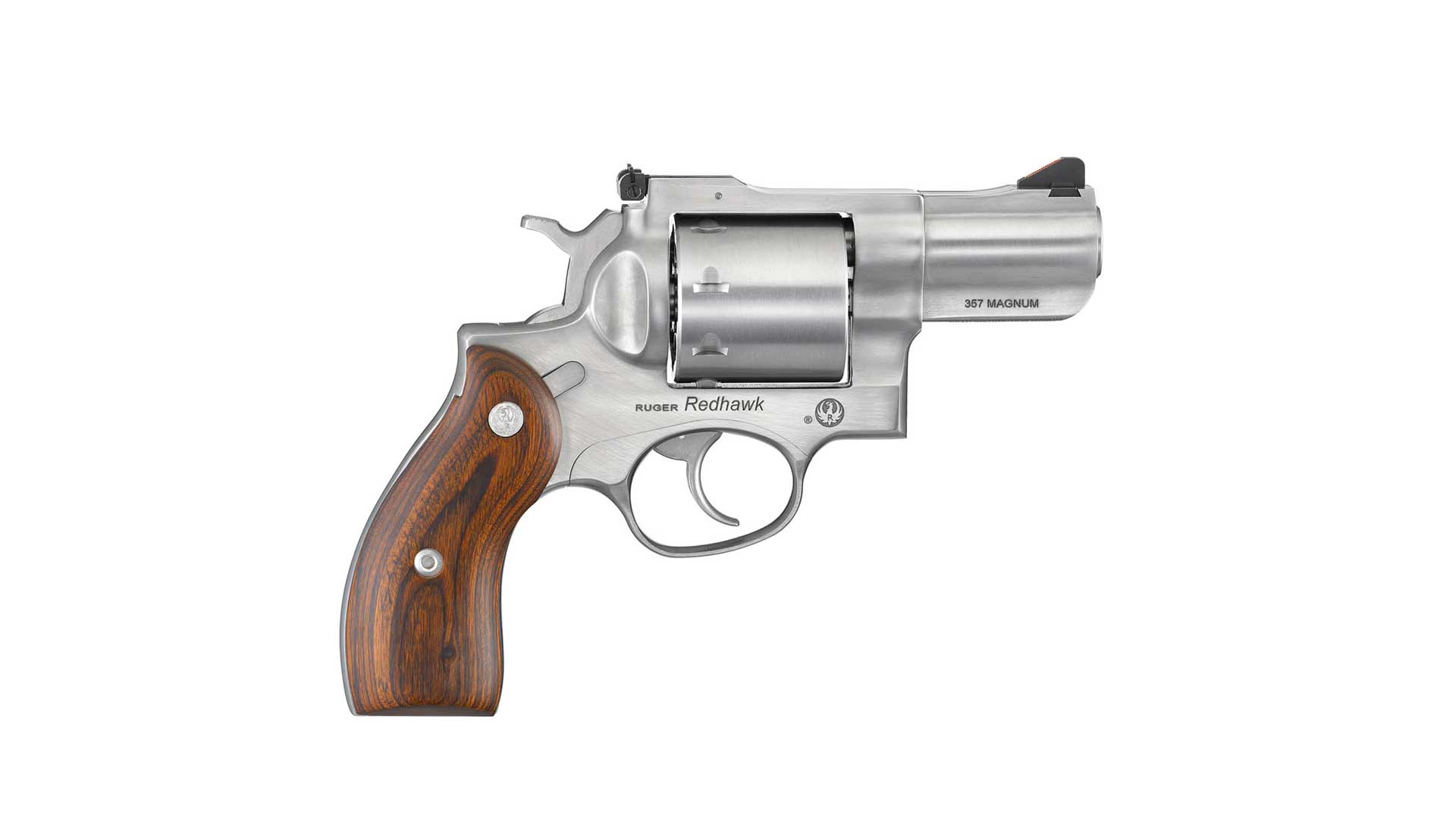 Ruger Redhawk stainless steel double-action revolver right-side view wood brown grip stocks