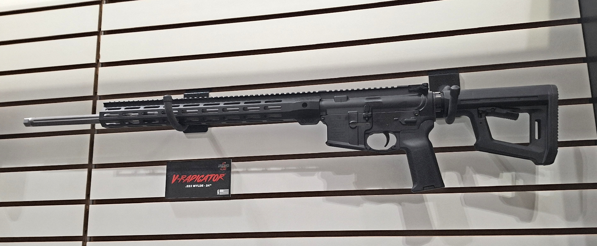 Bushmaster V-Radicator ar-15 rifle on wallboard rack