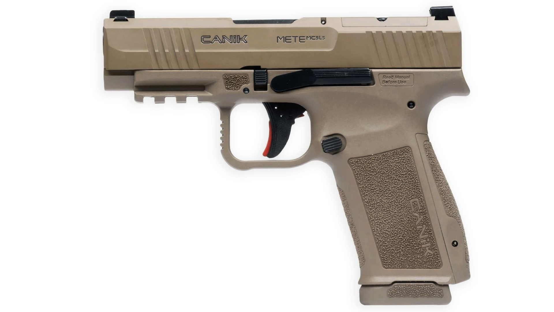 Gun Of The Week Canik Mete MC9LS pistol handgun left-side view tan color gun black accents picatinny rail molded texturing in grip serrations along slide black sights black trigger with red safety