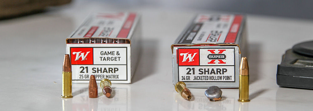 Winchester .21 Sharp comparison two boxes of ammunition side-by-side bullets brass