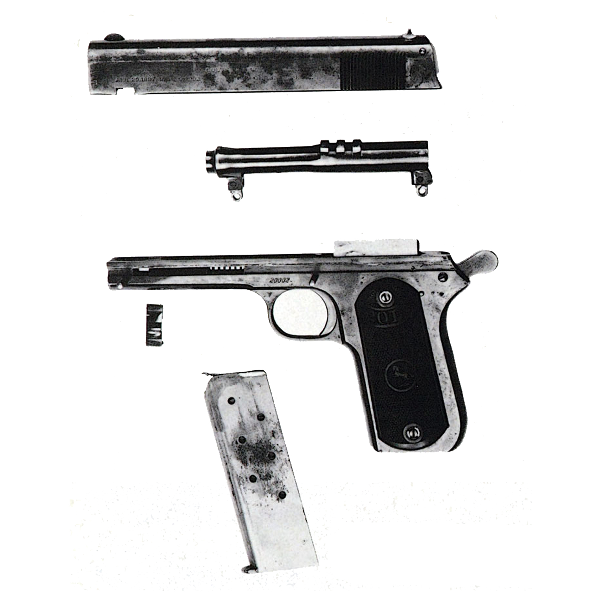 A disassembled Pocket Model shows the somewhat complicated double-link mechanism used in early Browning .38s.