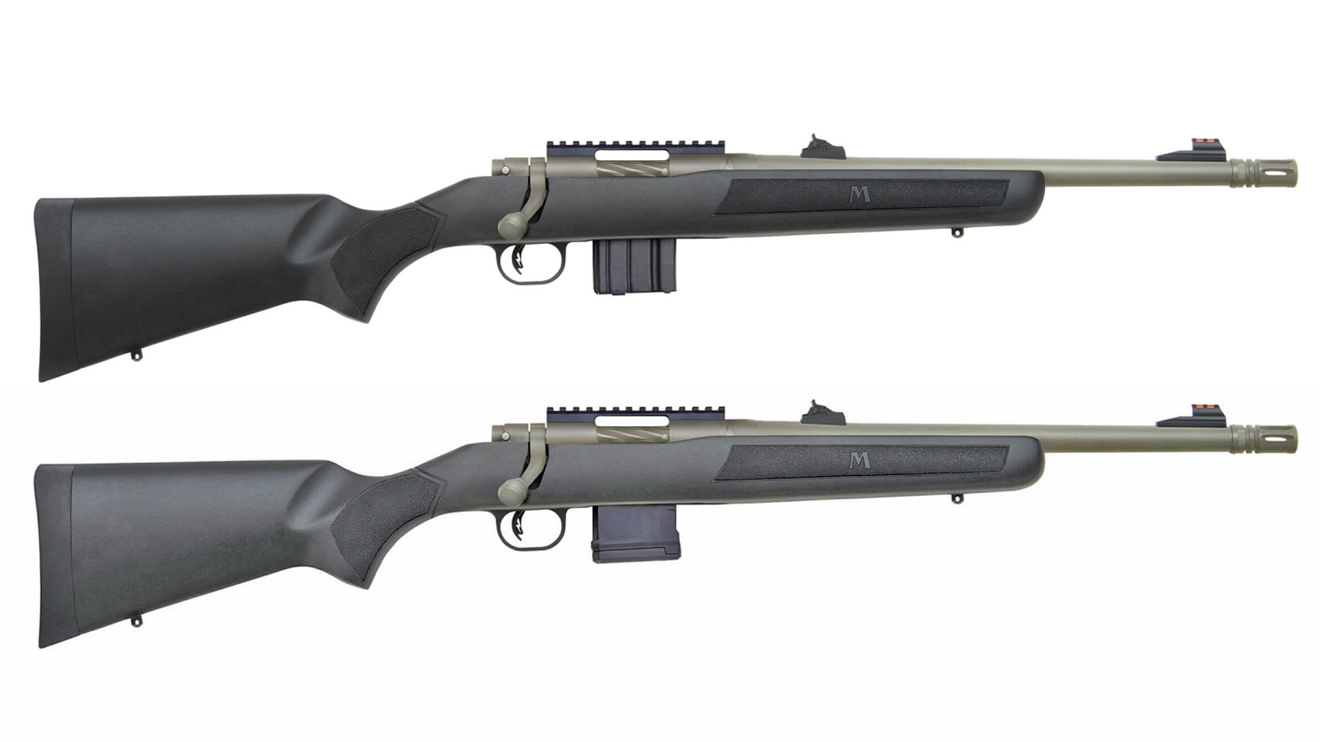 Two Mossberg MVP Patrol rifles, the top chambered for .300 Blackout and the bottom chambered for 5.56 NATO.