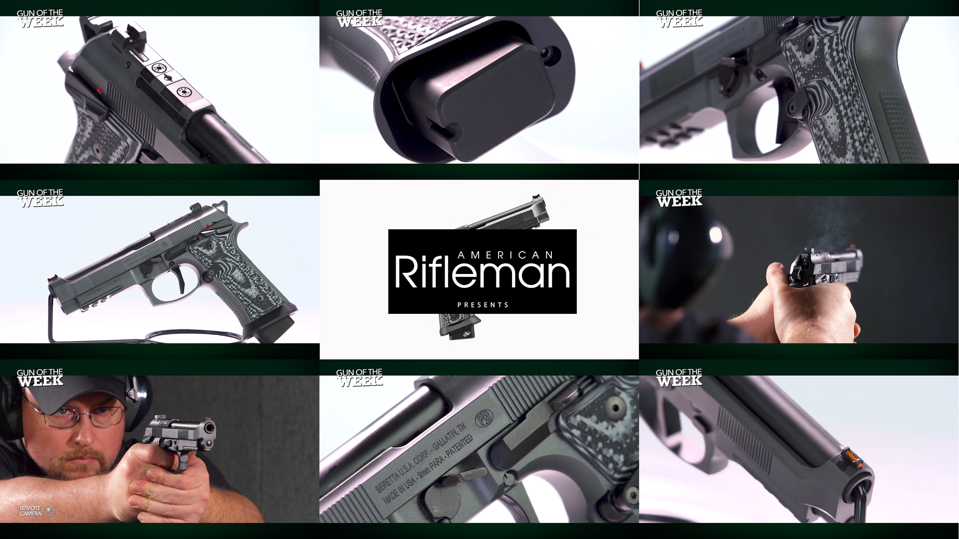 American Rifleman Presents GUN OF THE WEEK Beretta 92XI Squalo pistol handgun detail images tiles arrangement of nine images