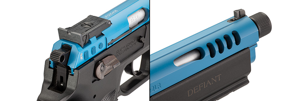 Tanfoglio Force 22L TB pistol details features side-by-side rear sight blue slide black from lightening cuts threaded muzzle front sight