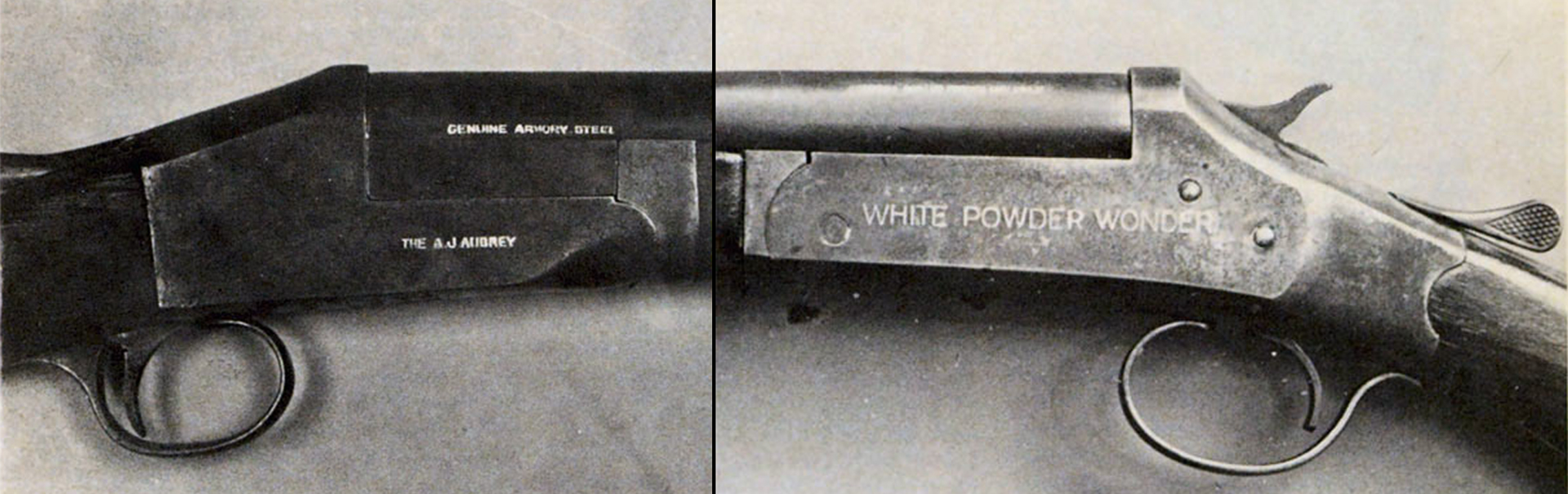 A. J. Aubrey shotguns left and right-side receiver view closeup engraving metal stamp white powder wonder