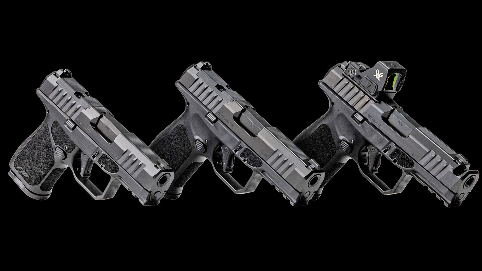 The Rost Martin RM1S, RM1C and RM1C Comped lined up on a black background.