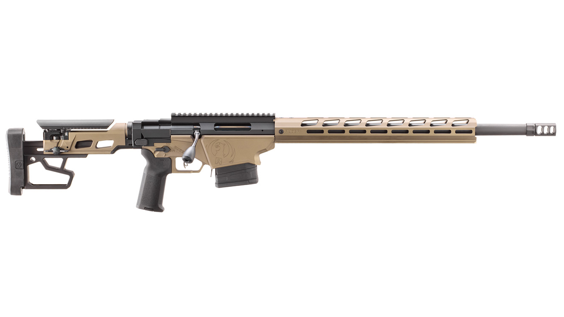 Right side of the tan and black Ruger Precision Rifle.