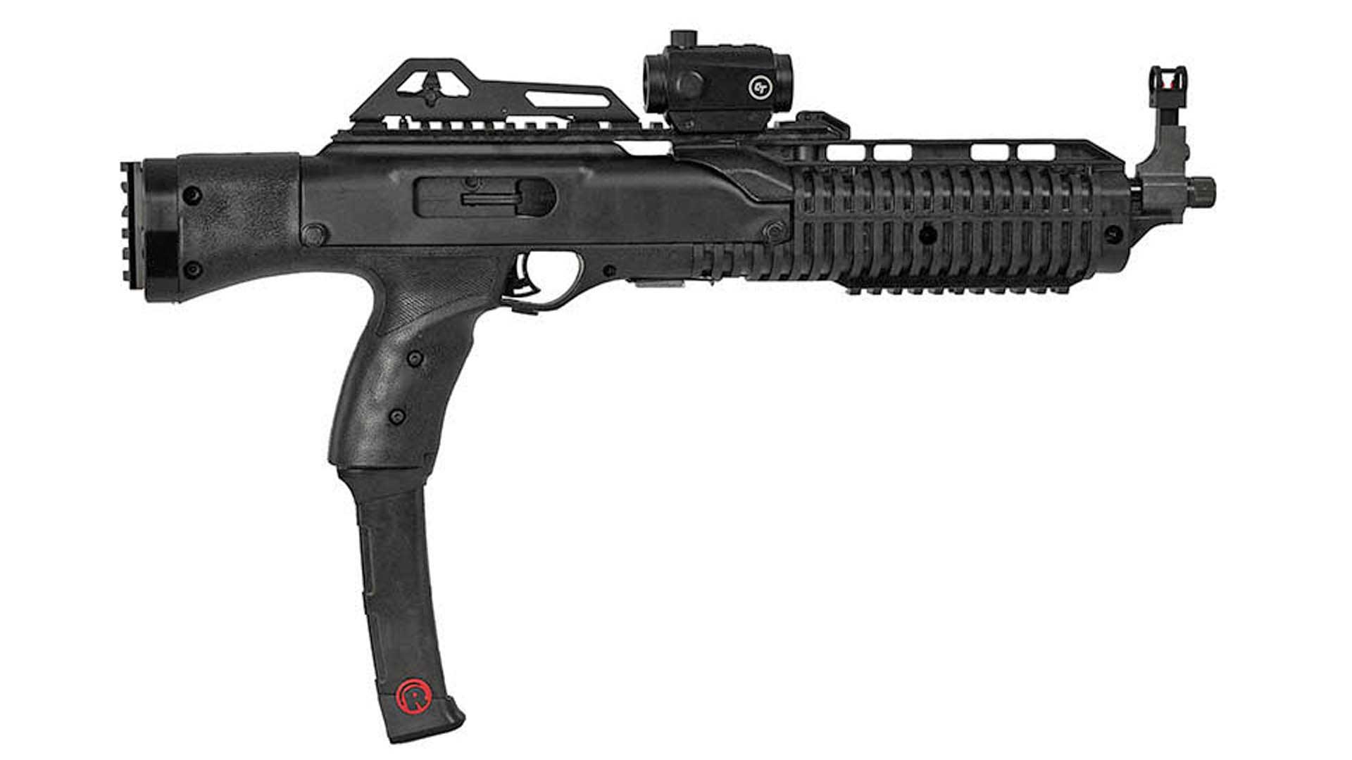 Right side of the Hi-Point large-format pistol shown with an extended magazine and Crimson Trace red-dot sight.