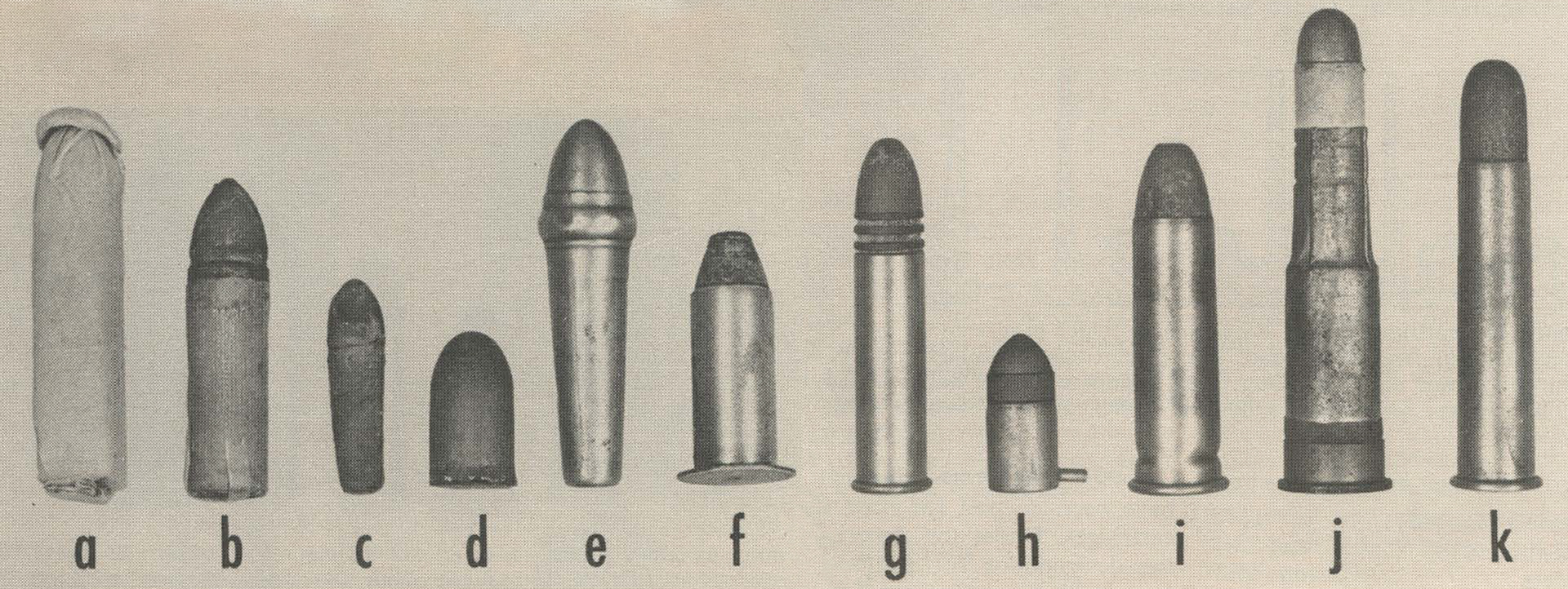 Small arms ammunition types shown with letters correspond with caption callouts bullet shapes cartridges