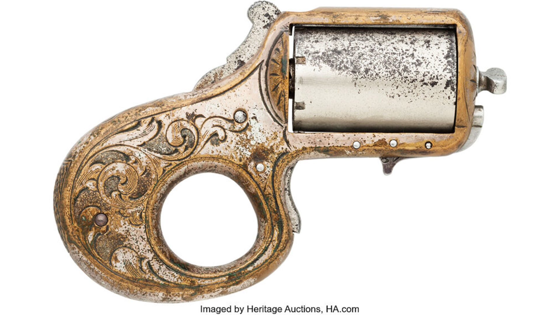 James Reid knuckle-duster revolver right-side view text noting IMAGED BY HERITAGE AUCTIONS, HA.COM