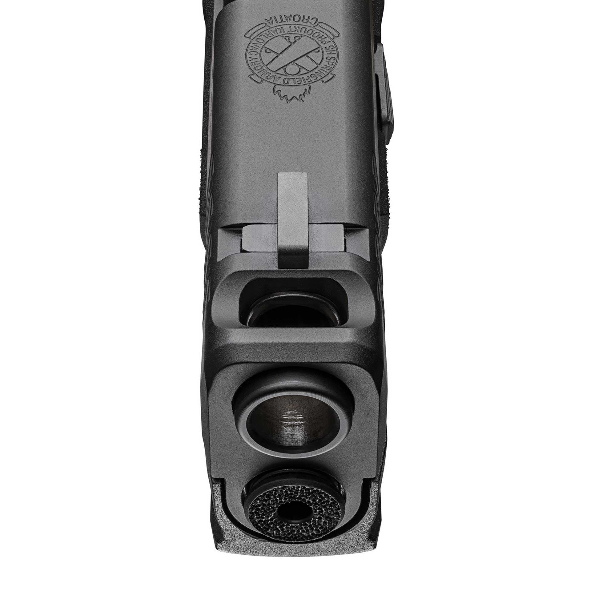 Close-up, top view of the Springfield Armory Hellcat Pro Comp OSP's compensated muzzle.